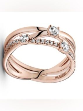 NIB Pandora (sz6) Rose Gold Plated Triple Stacked Ring w/ Cubic Zirconia